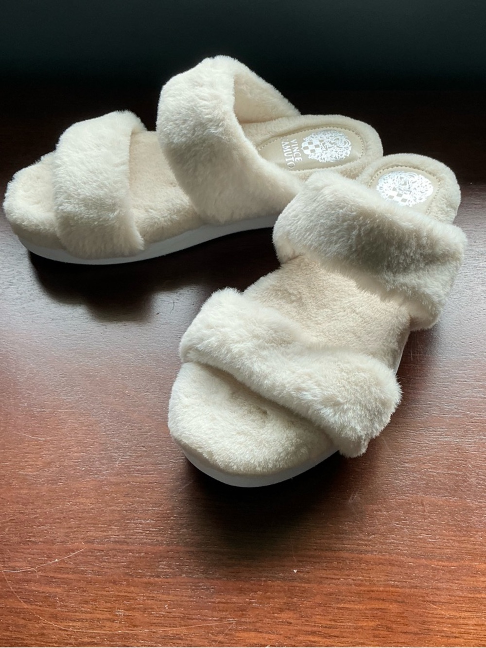 Vince Camuto Plush Double-Strap Slide Sandals in Cream